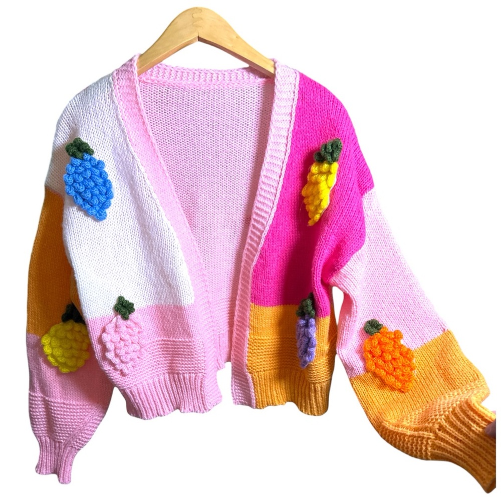 Pink Colorblock Grape Appliqué Knit Cardigan XS Whimsical Cottagecore
